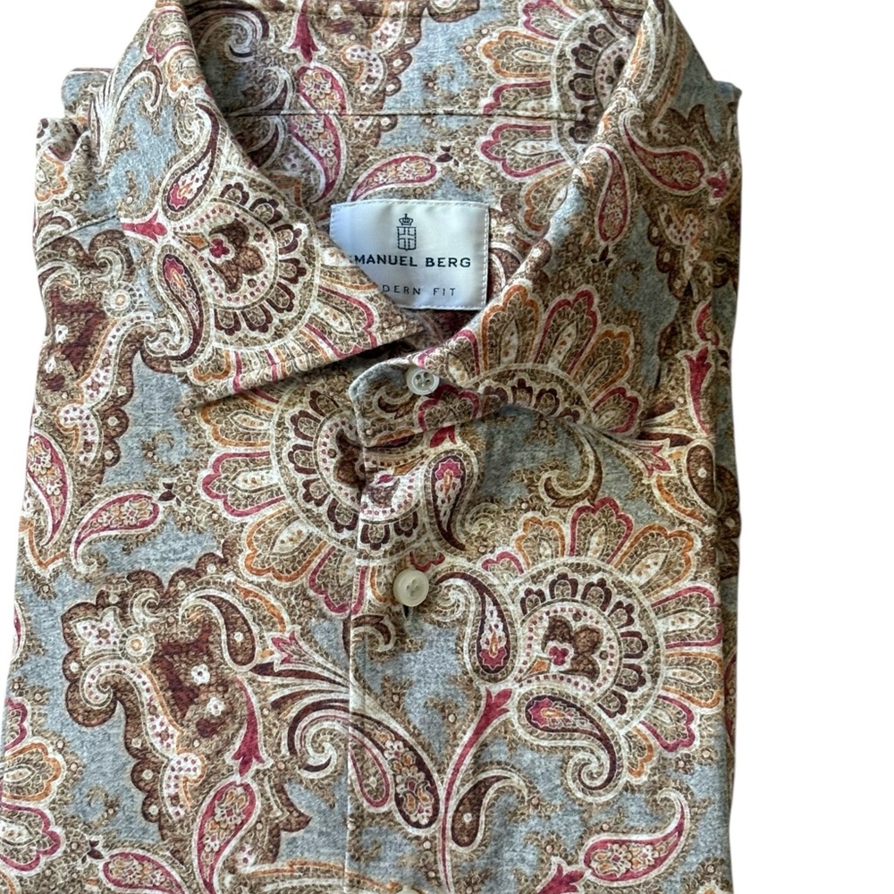 Emanuel Berg Luxury Modern Fit Jersey Knit Paisley Button Down Shirt Gray Multi